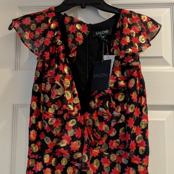 NWT Saloni Anita Ruffle Cocktail Dress Red Gold 6 - Picture 4 of 7